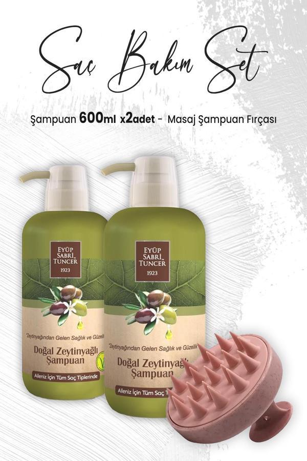 Eyüp Sabri Tuncer Zeytinyağlı Şampuan 600 ml x 2 Adet ve Masaj Şampuan Fırçası Pembe - Image 1