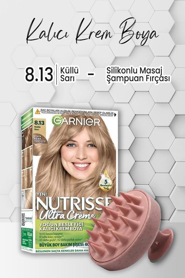 Garnier Nutrisse Besleyici Krem Saç Boyası 8.13 Küllü Sarı ve Şampuan Fırçası Pembe - Image 1