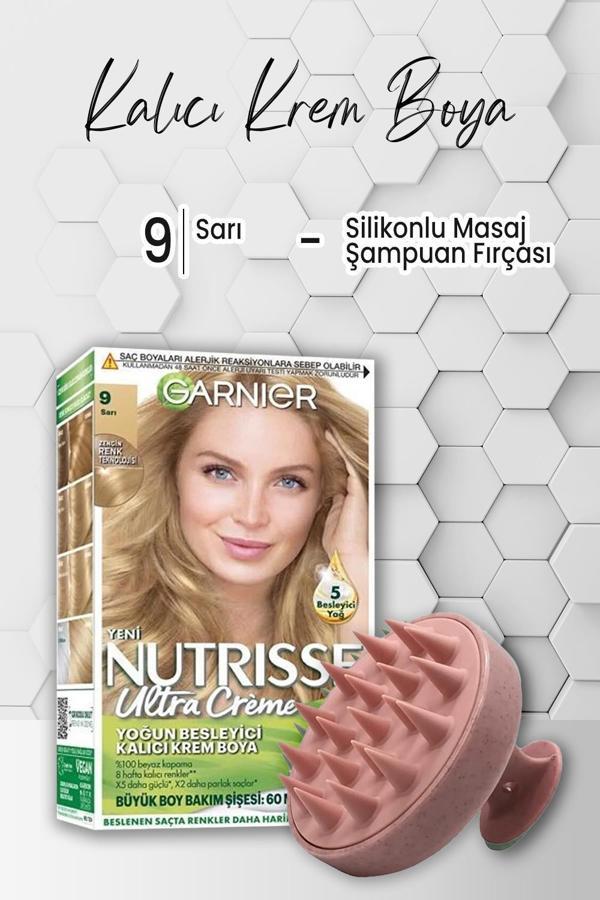 Garnier Nutrisse Besleyici Krem Saç Boyası 9 Sarı ve Şampuan Fırçası Pembe - Image 1