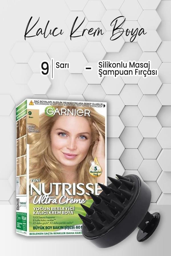 Garnier Nutrisse Krem Saç Boyası 9 Sarı ve Şampuan Fırçası Siyah - Image 1