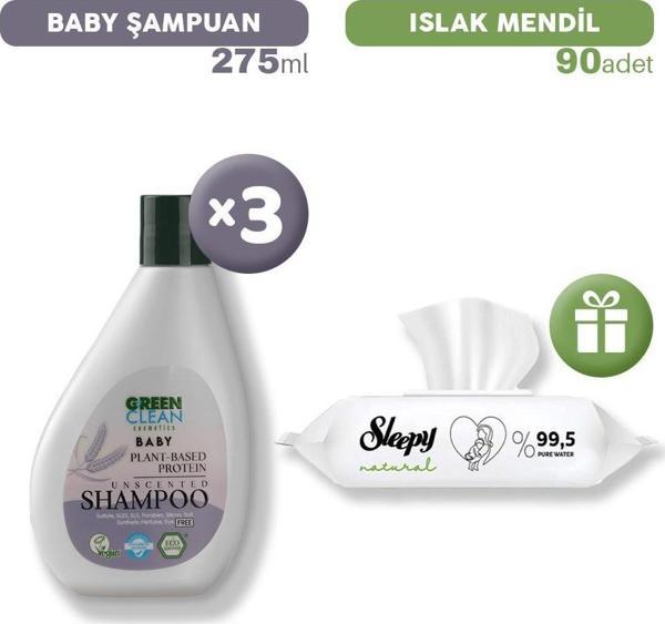 Green Clean Baby Şampuan 275 ml x 3, Islak Mendil Hediye - Image 1