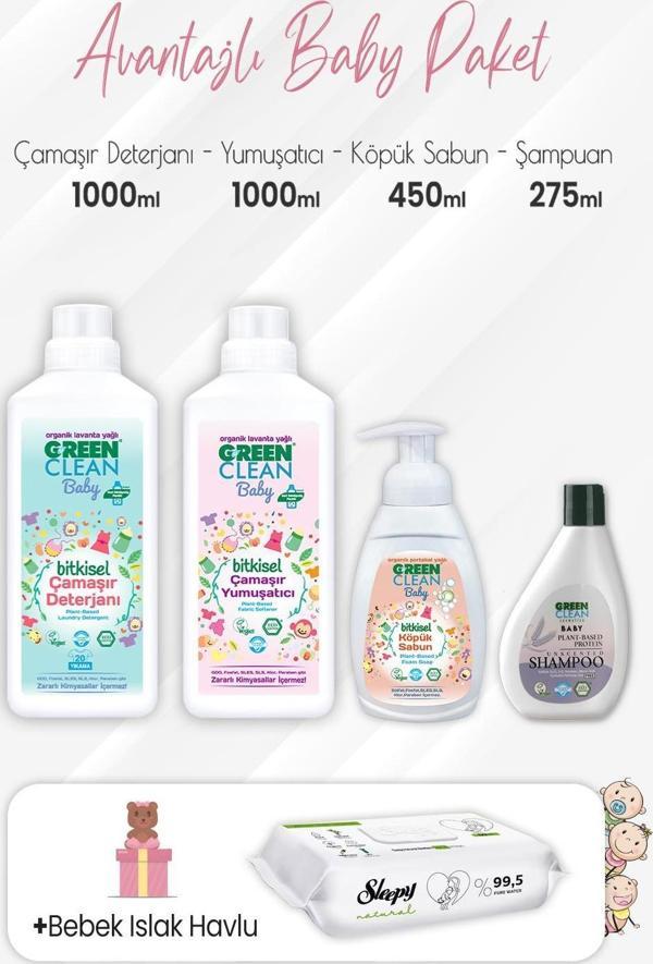 Green Clean Baby Şampuan 275 ml, Köpük Sabun 450 ml, Deterjan, Yumuşatıcı 1 lt ve Natural Yenidoğan 60'lı - Image 1