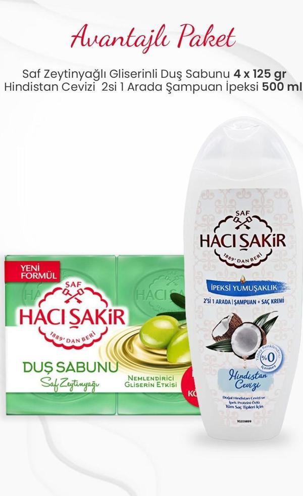 Hacı Şakir 4'lü Saf Zeytinyağlı Duş Sabunu ve Hindistan Cevizi 2si 1 Arada Şampuan 500 ml - Image 1