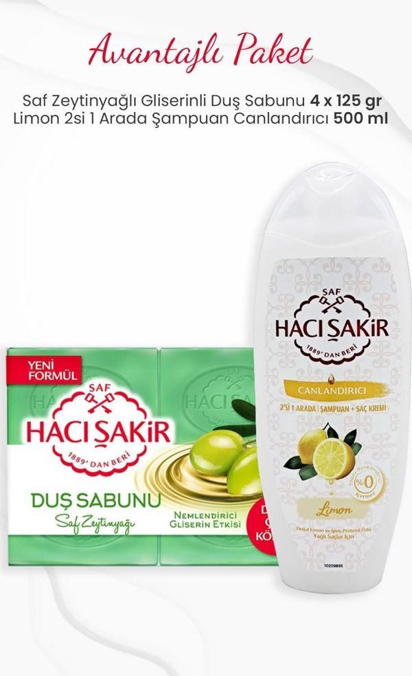 Hacı Şakir 4'lü Saf Zeytinyağlı Duş Sabunu ve Limon 2si 1 Arada Şampuan 500 ml - Image 1