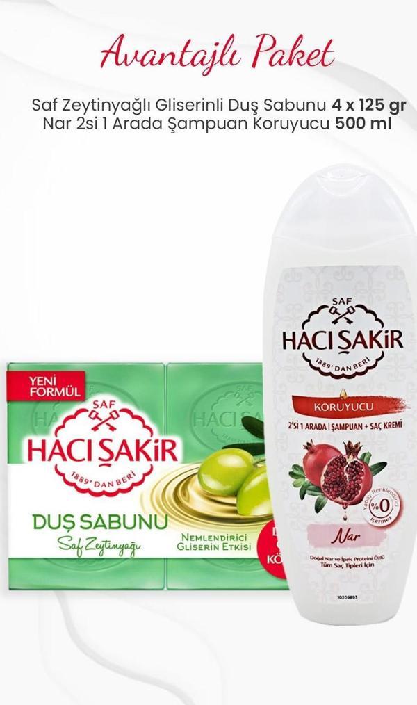 Hacı Şakir 4'lü Saf Zeytinyağlı Duş Sabunu ve Nar 2si 1 Arada Şampuan 500 ml - Image 1