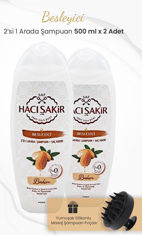Hacı Şakir Badem 2si 1 Arada Şampuan 500 ml x 2 Adet ve Şampuan Fırçası Siyah - Image 1