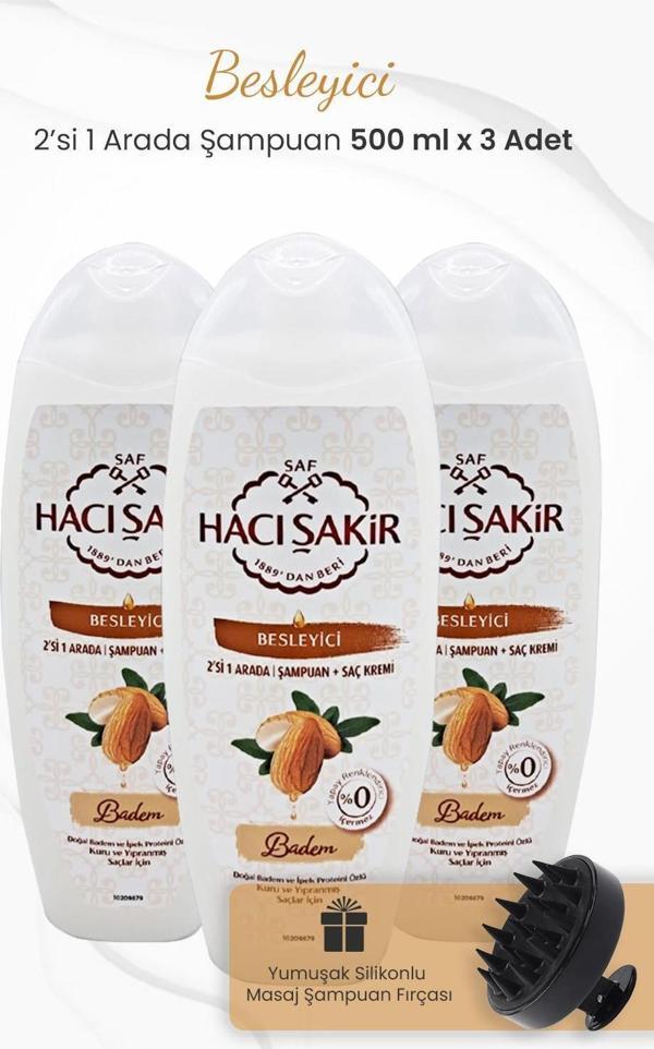 Hacı Şakir Badem 2si 1 Arada Şampuan 500 ml x 3 Adet ve Şampuan Fırçası Siyah - Image 1
