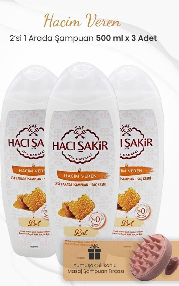 Hacı Şakir Bal 2si 1 Arada Şampuan 500 ml x 3 Adet ve Şampuan Fırçası Pembe - Image 1