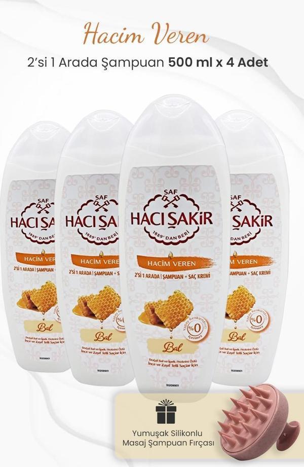 Hacı Şakir Bal 2si 1 Arada Şampuan 500 ml x 4 Adet ve Şampuan Fırçası Pembe - Image 1