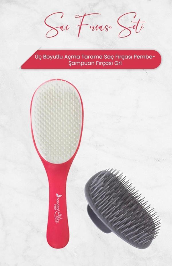 Nascita Üç Boyutlu Açma Tarama Saç Fırçası Pembe ve Şampuan Fırçası Gri - Image 1
