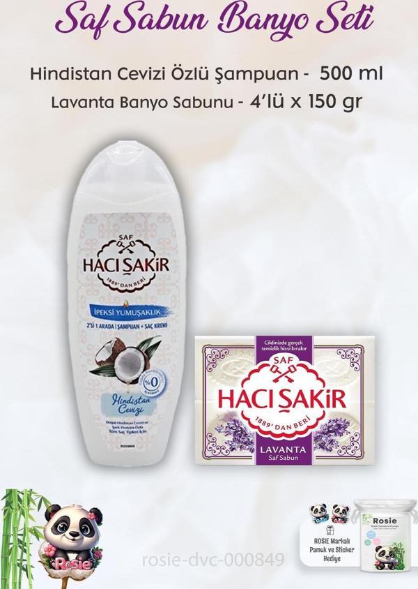 Hacı Şakir Hindistan Cevizi Şampuan 500 ml,  Lavanta Kokulu Banyo Sabunu 4 x 150 gr ve ROSIE - Image 1