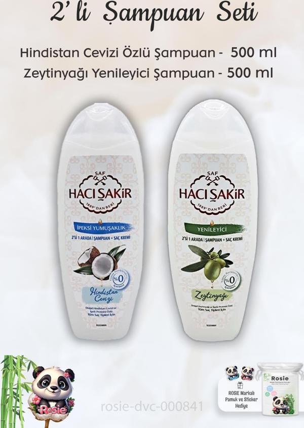 Hacı Şakir Hindistan Cevizi Şampuan 500 ml, Zeytinyağlı Şampuan 500 ml ve ROSIE - Image 1