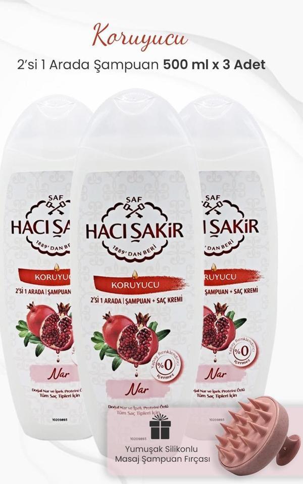 Hacı Şakir Nar 2si 1 Arada Şampuan Koruyucu 500 ml x 3 Adet ve Şampuan Fırçası Pembe - Image 1