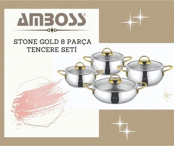 Amboss Stone 8 Parça Paslanmaz Çelik Gold Tencere Seti Cam Kapaklı - Image 1