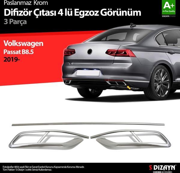 S-Dizayn VW Passat B8.5 Krom Egzoz Görünümü Difüzör 4'lü R Line 3 Parça 2019 ve Üzeri  - Image 1