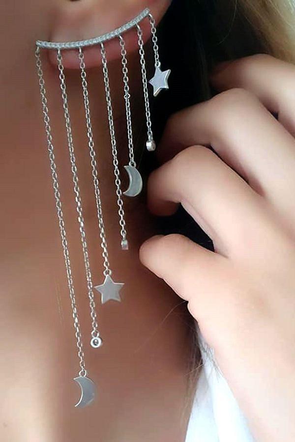 Ay Yıldız Figürlü Gümüş İtalyan Tasarımı Earcuff Tek Küpe - Image 1