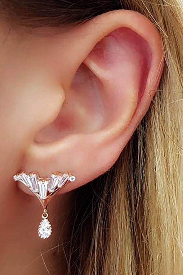 Baget Swarovski Taşlı 925 Ayar Gümüş Rose Küpe - Image 1