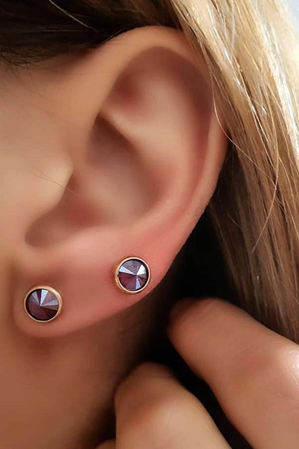 Bordo Swarovski Taşlı Gümüş Rose Tek Taş Küpe - Image 1