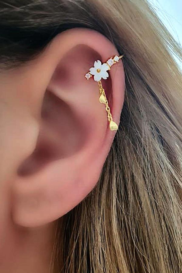 Hem Earcuff Hemde Sıkıştırmalı Kıkırdak Küpesi El İsi Manolya Gümüş Altın Kaplama  Tek Küpe - Image 1