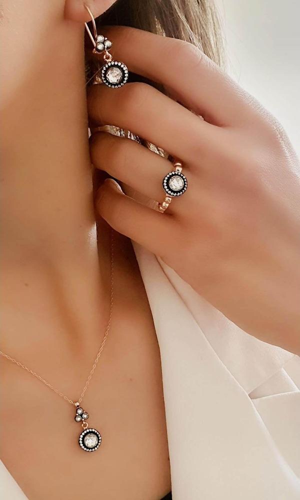 Elmas İşçiliği Zirkon Taşlı 925 Ayar Gümüş Rose Set Takım - Image 1