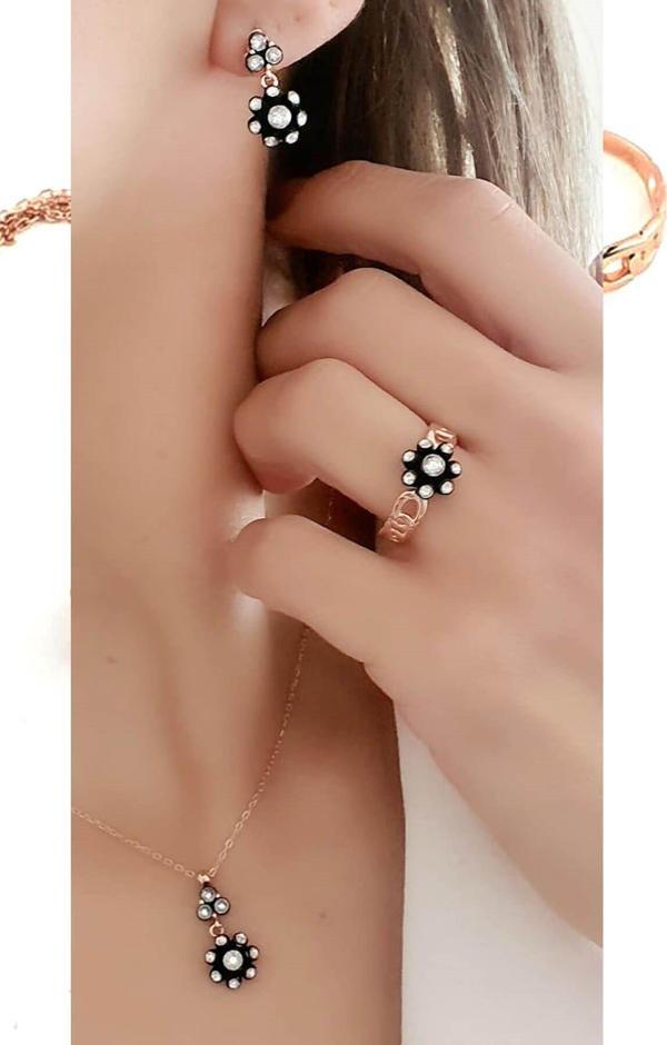 Elmas İsciliginde 925Ayar Gümüş Rose Gül Set Takım - Image 1