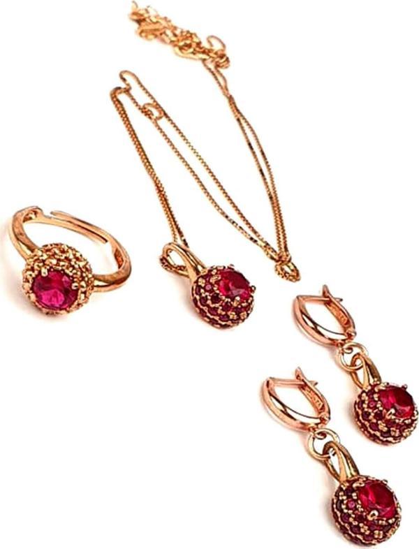 Fuşya Zirkon Taşlı 925 Ayar Gümüş Rose Set Takım - Image 1