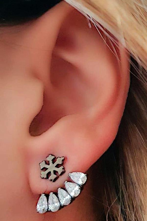 Kar Tanesi Figürlü Siyah Rodajli Gümüş Earcuff Cift Küpe - Image 1
