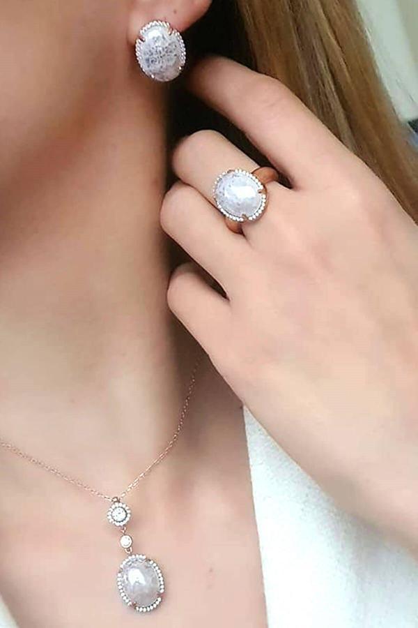 Kristal Kuvars Taşlı Gümüş Rose Lüks Set Takım - Image 1