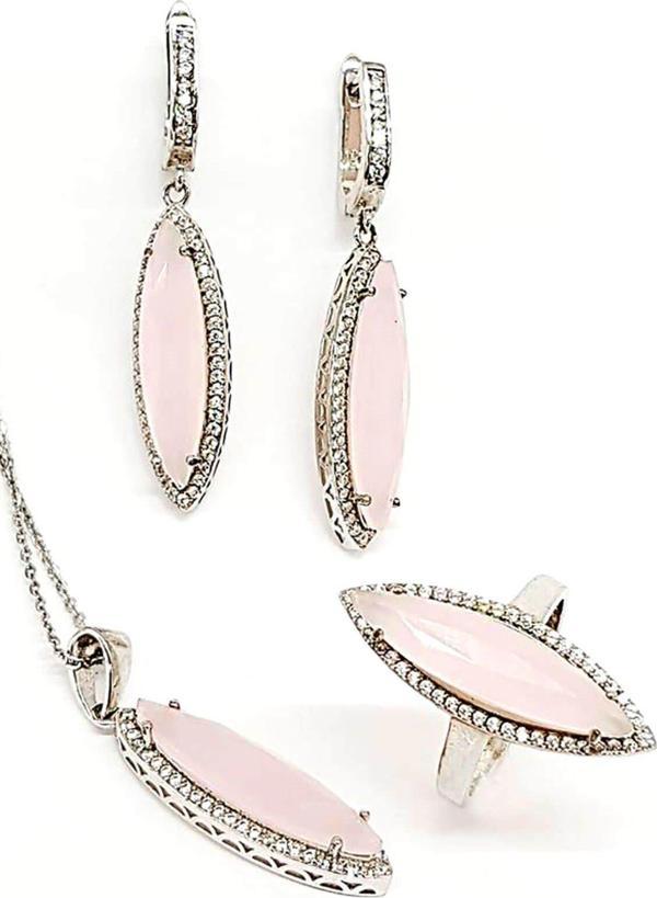 Pembe Kuvars Ve Zirkon Taşlı Gümüş Modern Takı Seti - Image 1