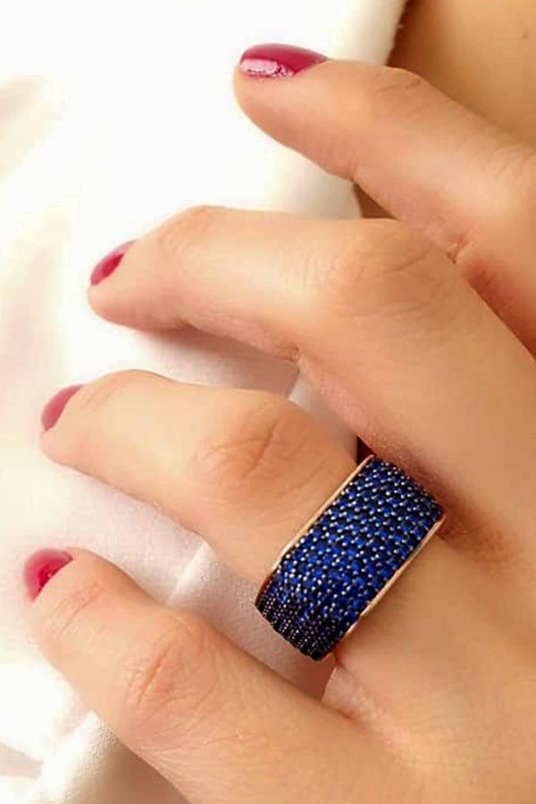 Lacivert Zirkon Tasli Gümüs 7 Sıra Tam Tur Kare Yüzük - Image 1