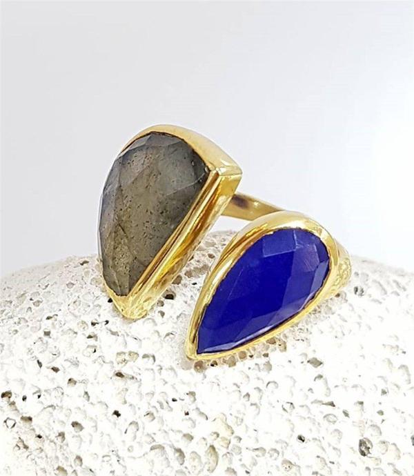 Lapis Ve Labrodorite Taşlı Tasarım Gümüş Yüzük - Image 1