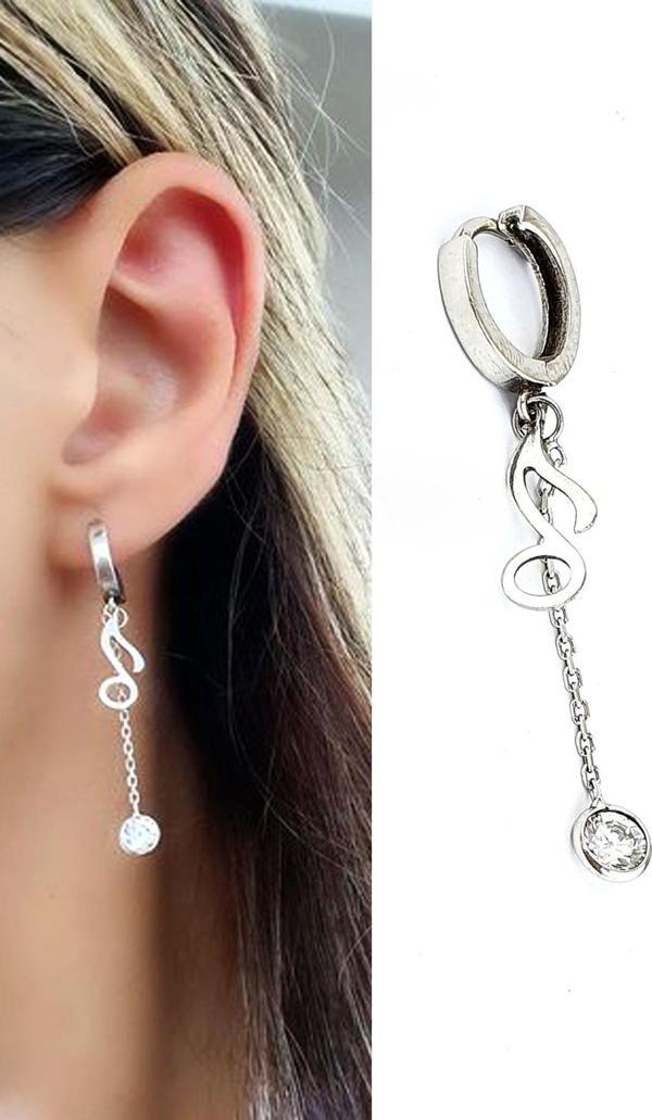 Notalı Zirkon Taş Detaylı 925Ayar Gümüş Tek Küpe - Image 1