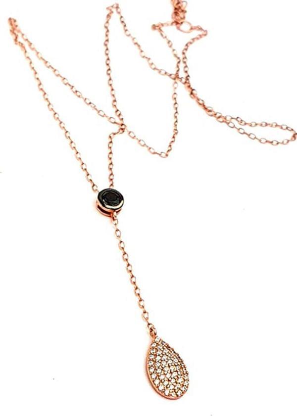 Oniks Zirkon Taş Detaylı 925 Ayar Gümüş Rose Kolye - Image 1