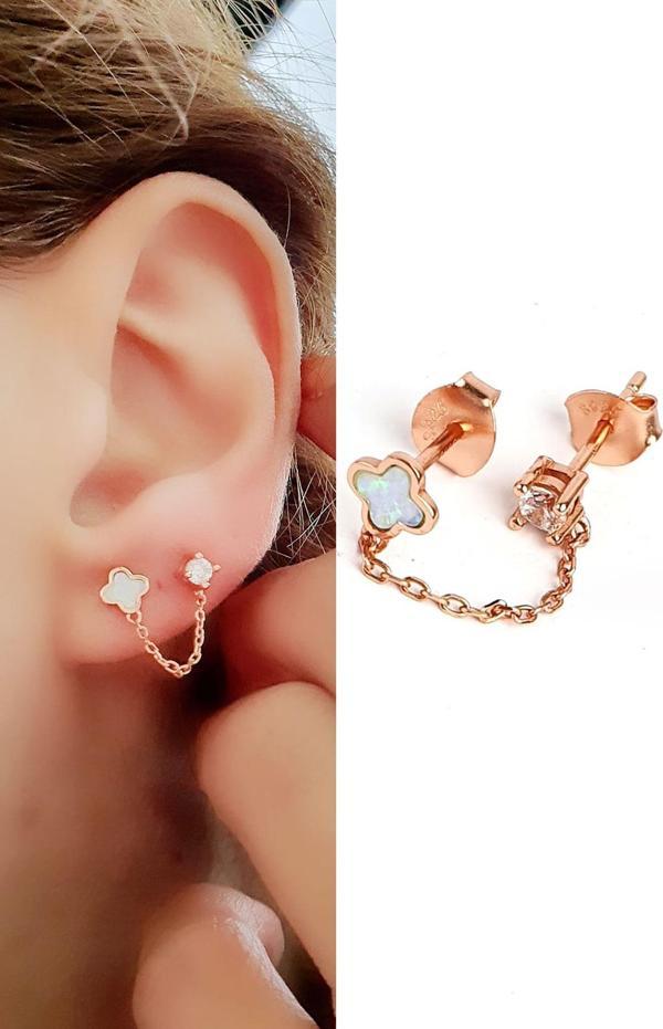 Opal Taşlı Ve Tek Taşlı Çift Deliğe Takılan 925Ayar Gümüş Üzerine Rose Altın Kaplama Zincir Tek Küpe - Image 1