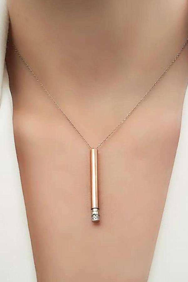 Rose Beyaz Zirkon Taş Detaylı 925 Ayar Gümüş Çubuk Kolye - Image 1