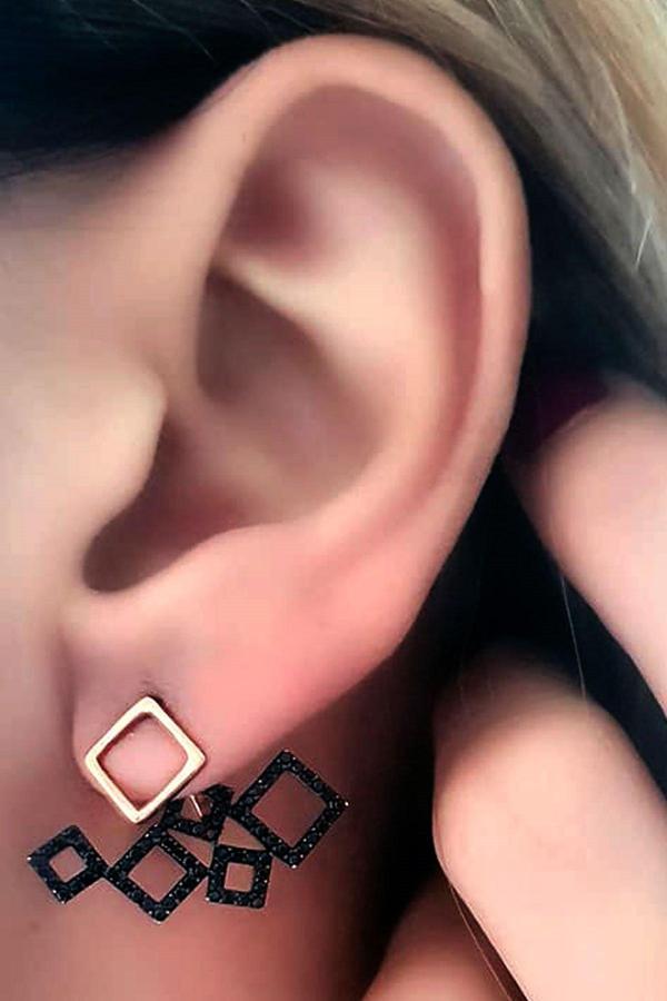 Siyah Oniks Taşlı Gümüş Rose Modern Earcuff Cift Küpe - Image 1
