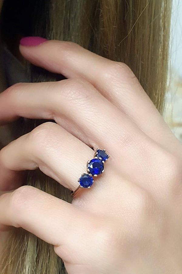 Sky Diamond Blue Creative Sapphire 925 Ayar Gümüş Tria Yüzük - Image 1