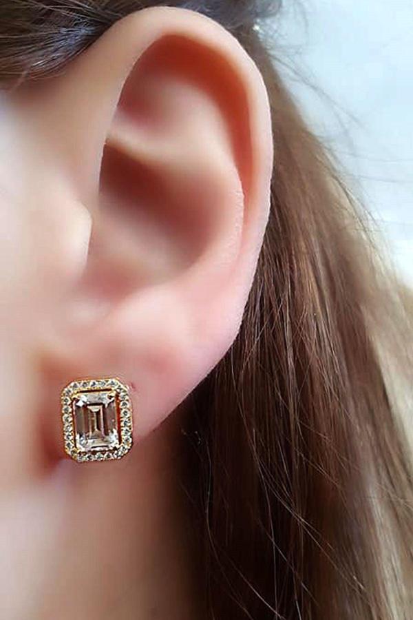 Skydiamond Taşlı Gümüş Üzerine Altın Kaplama Tek Taş Dikdörtgen Küpe - Image 1