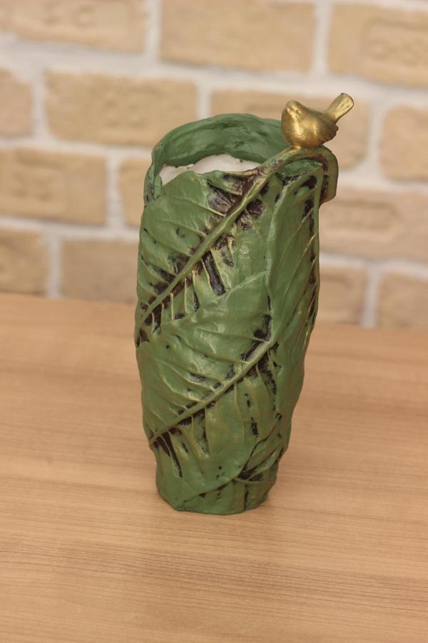 Polyester Kuşlu Yaprak Desen Gold Varaklı Vazo 28,5cm - Image 1