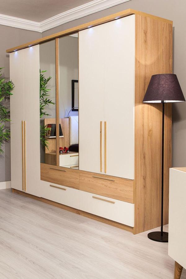 Modalife Alize Aynalı 6 Kapaklı 4 Çekmeceli Gardırop - Sarı Meşe - Image 1