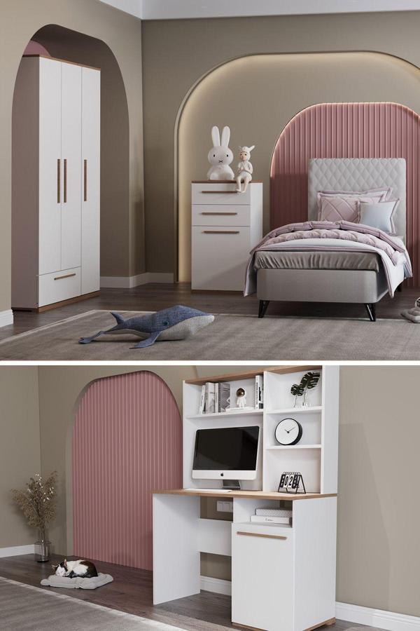 Modalife Çocuk Odası Takımı Karyola+Başlık+Yatak&Gardırop&Çalışma Masası&Şifonyer - Beyaz - Image 1