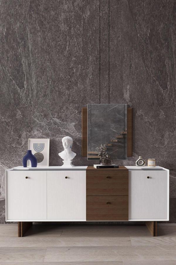 Modalife Linen Aynalı 3 Kapaklı 2 Çekmeceli Konsol - Vizon - Image 1
