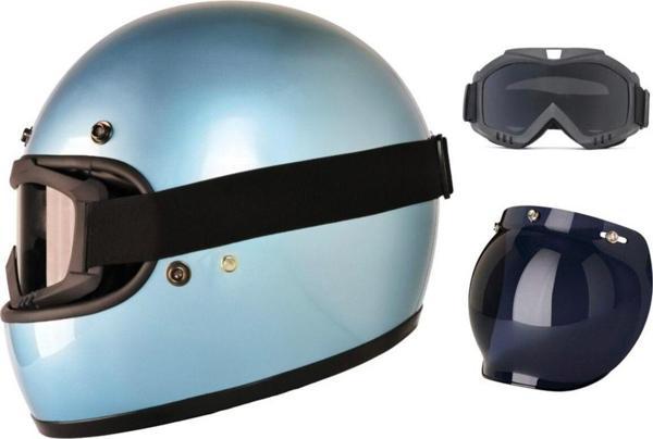 Motoanl Motosiklet Retro Kask Harley Cafe Racer Vespa Modüler Ve Anti Uv Gözlüklü Motor Kaskı Blue - Image 1