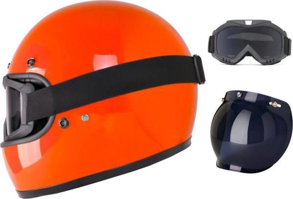Motoanl Motosiklet Retro Kask Harley Cafe Racer Vespa Modüler Ve Anti Uv Gözlüklü Motor Kaskı Orange - Image 1