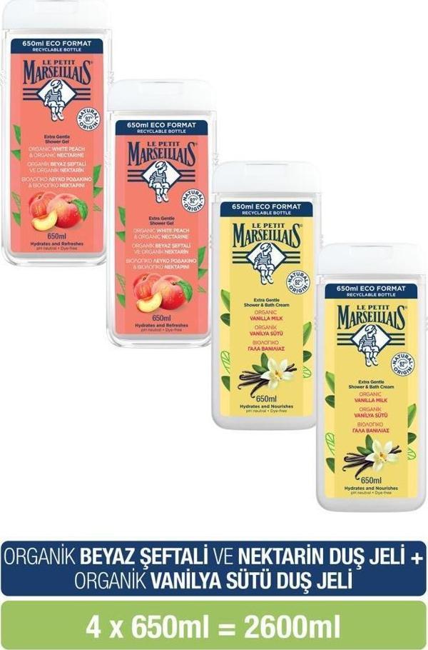 Le Petit Marseillais Beyaz Şeftali ve Nektari +Vanilya Sütü Duş Jeli Avantajlı Paket 650 ml x4 - Image 1