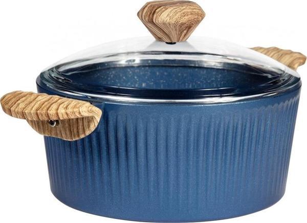 22 cm Febern Premium Bio Granit Alüminyum Döküm Nisch Tencere (Klasik Mavi-Açık Ahşap Kulp) - Image 1