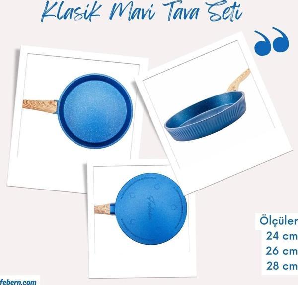 Febern Premium Bio Granit Alüminyum Döküm Nisch Tava Seti (Klasik Mavi-Açık Ahşap Kulp) - Image 1