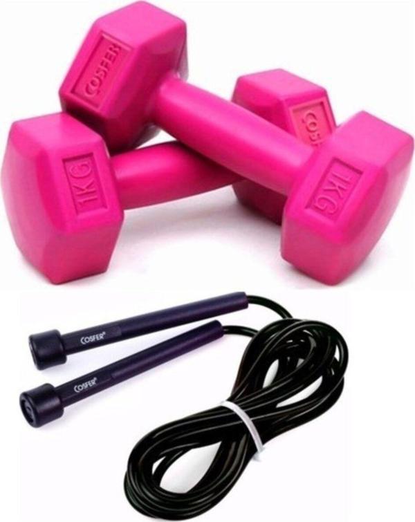 Cosfer Plastik Dambıl 1 Kg X 2 Fuşya - Atlama Ipi Siyah 1-2 Kg Pembe Tek Ebat - Image 1