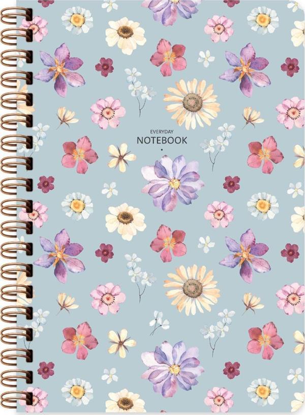 Çizgili Spiralli Sert Kapak Çiçek Defter Mavi A5 96 Yp. - Image 1