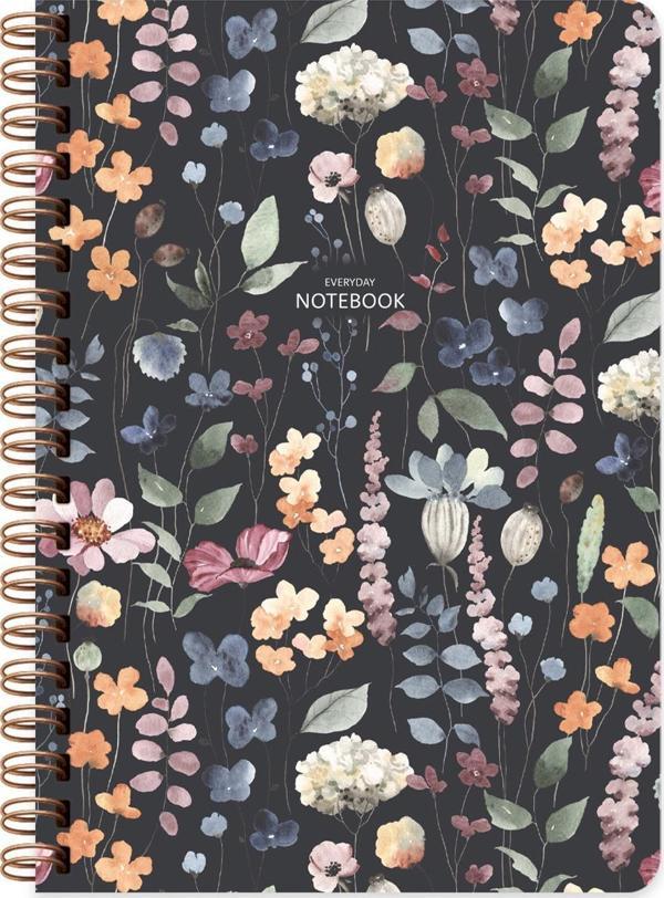 Çizgili Spiralli Sert Kapak Çiçek Defter Siyah A5 96 Yp. - Image 1